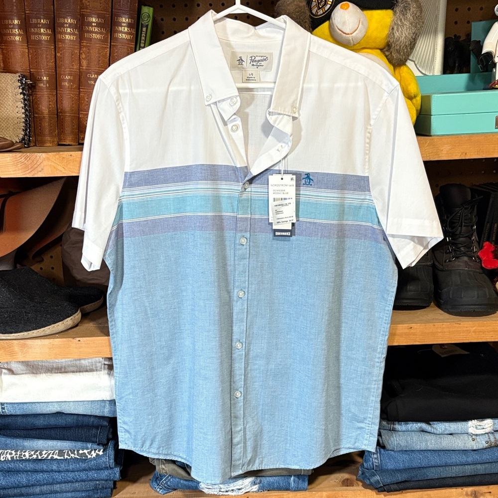 Original Penguin Men's Casual Blue and White Button Down Shirt